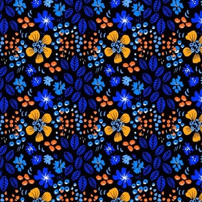 Flower power _bright large blue blooms yellow orange berries leaves