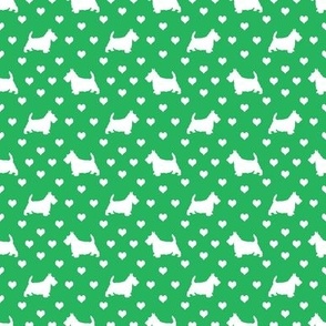 Scottie Dog and Hearts Pattern White on Green
