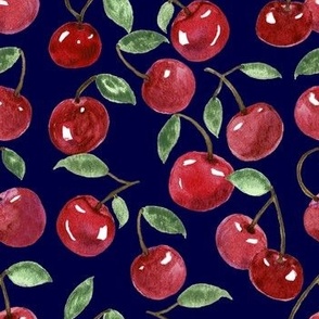 Red Ripe Cherries On Navy