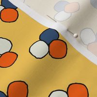 Reworked classics - polka dots organic circles in bold and vibrant colors of zingy orange, calming french blue, citrus yellow and cream with black outlines - for kids apparel, bold duvet covers, fun summer dresses, patchwork and tote bags.