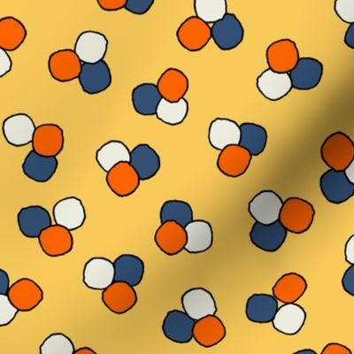 Reworked classics - polka dots organic circles in bold and vibrant colors of zingy orange, calming french blue, citrus yellow and cream with black outlines - for kids apparel, bold duvet covers, fun summer dresses, patchwork and tote bags.