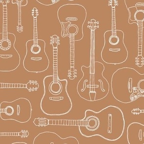 Rock music instruments guitar pattern sing and song writer band design white on rust burnt orange