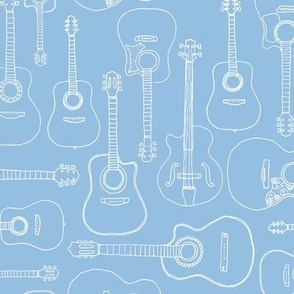 Rock music instruments guitar pattern sing and song writer band design white on periwinkle blue