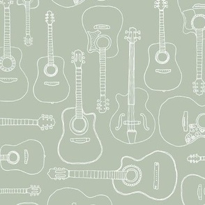 Rock music instruments guitar pattern sing and song writer band design white on sage green 