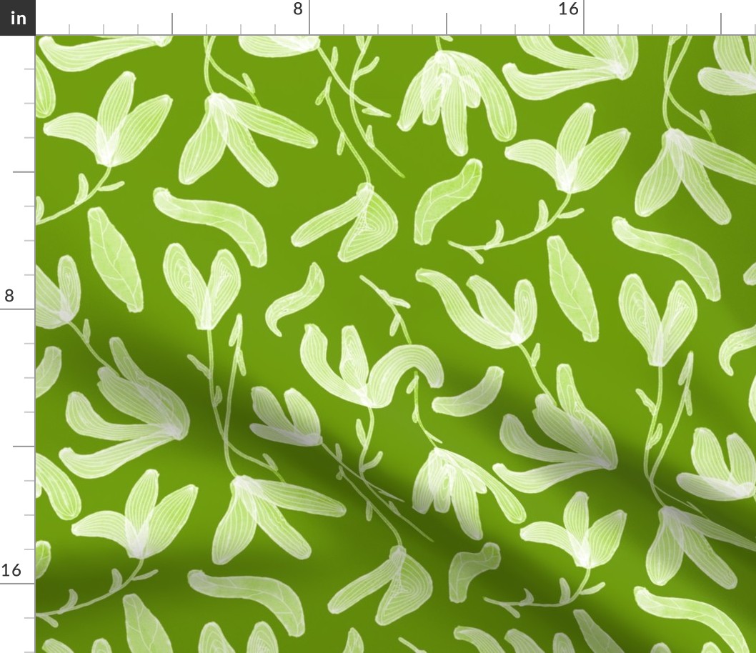 Floral pattern with green background and white flowers. Watercolor effect.