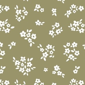 Scandinavian romantic boho ditsy blossom daisy flowers grouped hygge style garden design white on olive