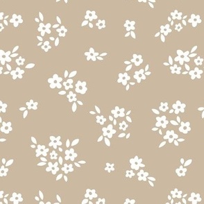 Scandinavian romantic boho ditsy blossom daisy flowers grouped hygge style garden design white on beige sand