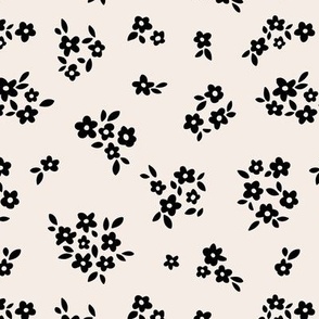 Scandinavian romantic boho ditsy blossom daisy flowers grouped hygge style garden design black on cream ivory