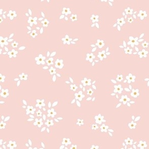 Scandinavian romantic boho ditsy blossom daisy flowers grouped hygge style garden design white on soft pink