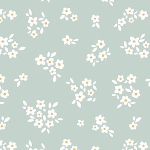 Scandinavian romantic boho ditsy blossom daisy flowers grouped hygge style garden design white on soft blue