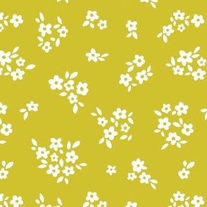 Scandinavian romantic boho ditsy blossom daisy flowers grouped hygge style garden design white on bright mustard yellow lime 
