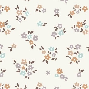 Scandinavian romantic boho ditsy blossom daisy flowers grouped hygge style garden design multi color pastels gray burnt orange blue neutral on cream