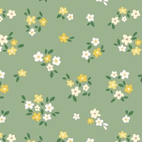 Scandinavian romantic boho ditsy blossom daisy flowers grouped hygge style garden design multi color green yellow white