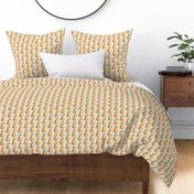 Golden faux acrylic painted pears on a neutral natural Asian inspired grid - for kitchen linens and home decor