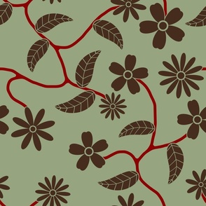 Brown flowers and leaves on sage green