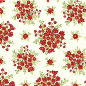 Medium scale red and green floral pattern