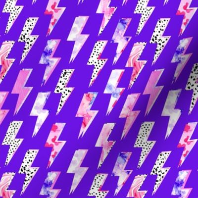 bold preppy lightning bolts with polka dots on purple in smaller scale