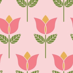 Retro geometric open tulip flowers on pink (large)