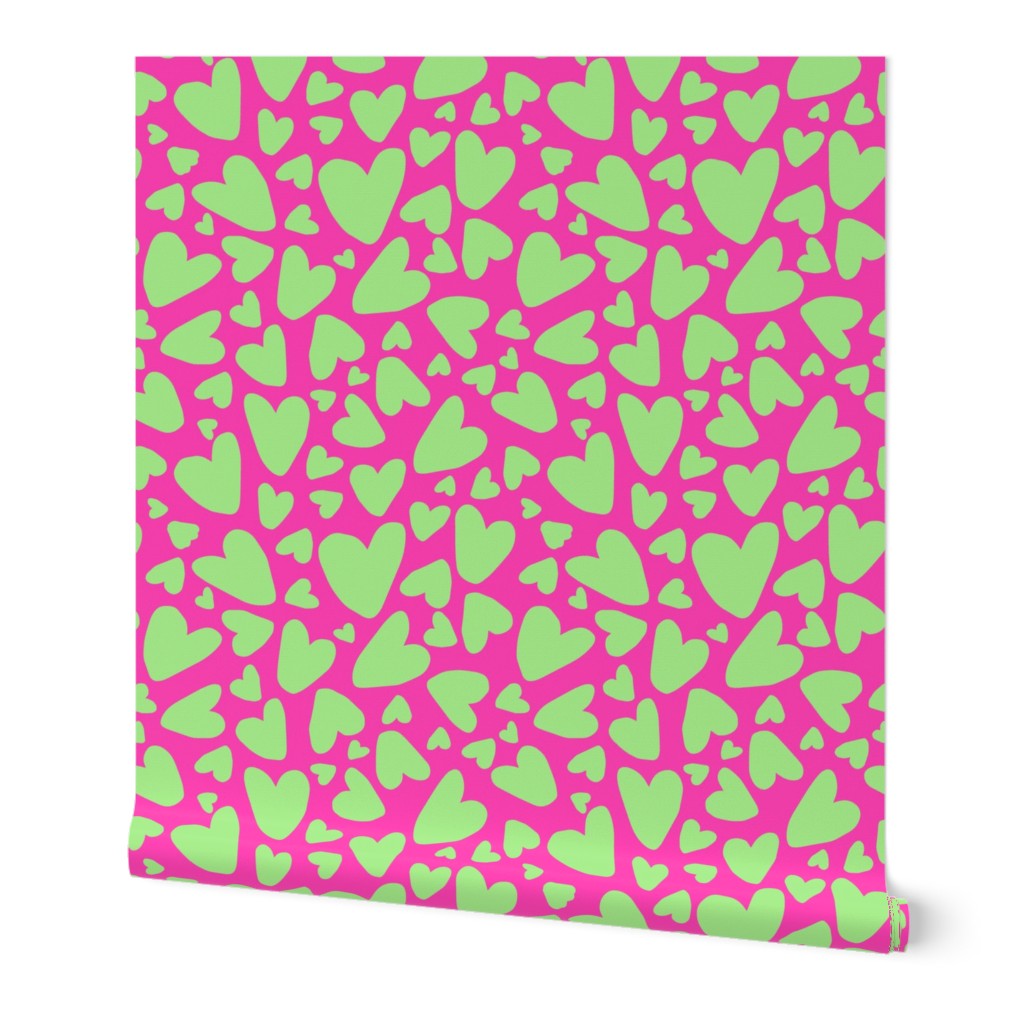 Neon Pastel Green Hearts Hot Pink Neon Background - Large Scale