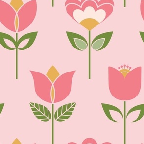 Retro geometric mixed flowers on pink (large)