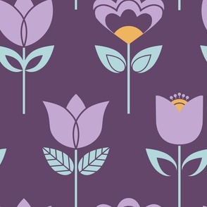 Retro geometric mixed flowers on purple (large)