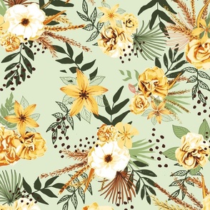 Boho Tropical Floral Wilderness in Yellow and Sage Green Large