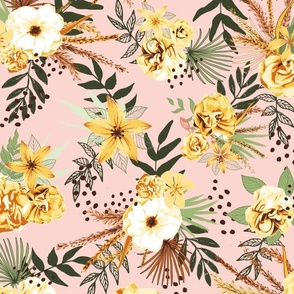Boho Tropical Floral Wilderness in Yellow and Pink Large