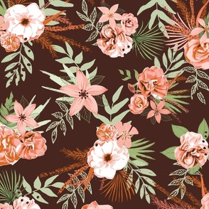 Boho Tropical Floral Wilderness in Pink and Brown Large