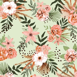 Boho Tropical Floral Wilderness in Sage Green and Pink Large