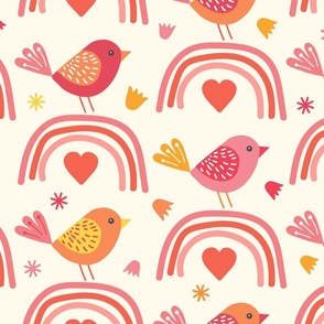 Birds, Rainbows, Hearts - pink red orange // Large