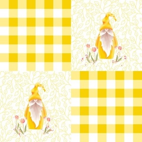 Sunshine  Gnome Yellow Plaid with Gnomes in alternating squares, LARGER scale