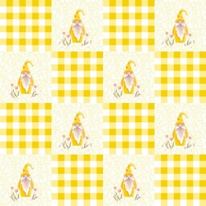 Sunshine  Gnome Yellow Plaid with Gnomes in alternating squares, SMALLER scale