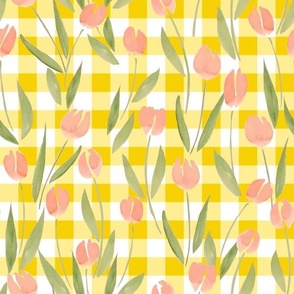 Sunshine  Gnome Yellow Plaid with tossed tulips, LARGE scale