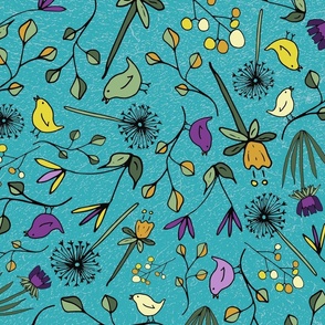 Flowers & Birds, 24 inch, X-Large Scale, Turquoise Background, Yellow, Orange, Purple, Green, Black