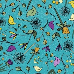 Flowers & Birds, 12 inch, Large Scale, Turquoise Background, Yellow, Orange, Purple, Green, Black