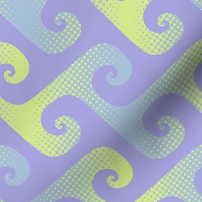 spiral waves in lime and light blue on lavender