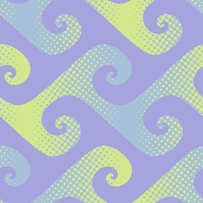 spiral waves in lime and light blue on lavender