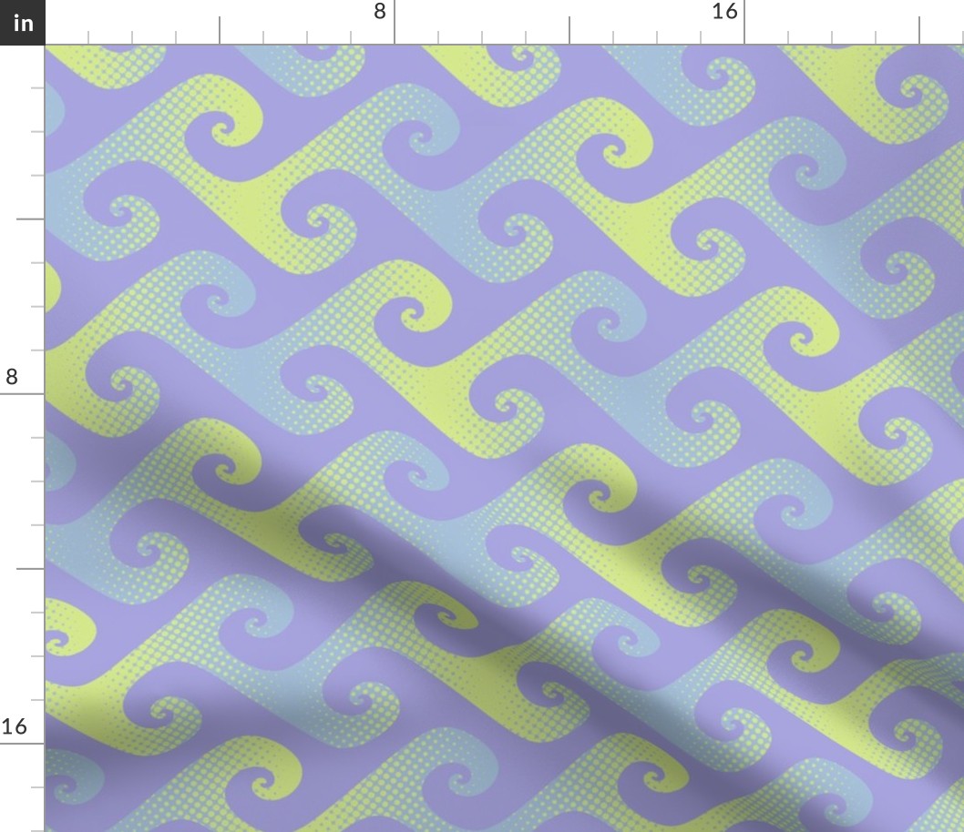 spiral waves in lime and light blue on lavender