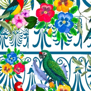 Mexican style,flowers,pansy,pansies,parrots,birds 