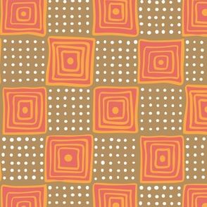 Hand-drawn Checks and Dots (Saffron and Coral on Fawn Ground)