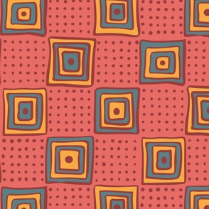 Hand-drawn Checks and Dots (Saffron and Spruce on Coral Ground)