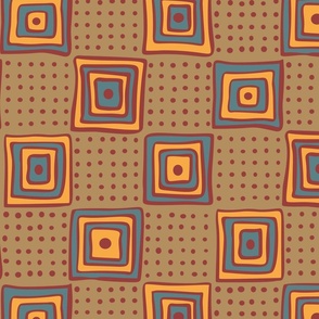 Hand-drawn Checks and Dots (Saffron and Spruce on Fawn Ground)