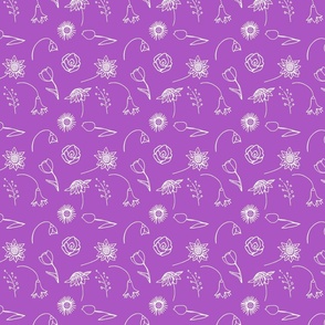 scattered white flowers outlines on  purple background granny print
