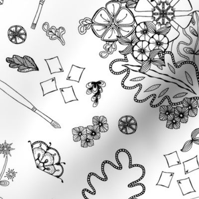 tangled collage of fantasy flowers black and white A