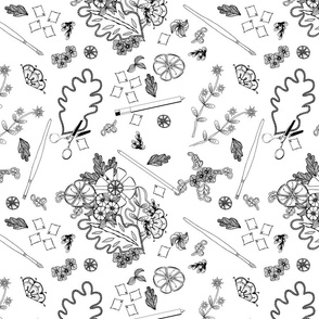 tangled collage of fantasy flowers black and white A