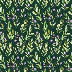 Scattered Olive Branches on Dark Green - Tiny