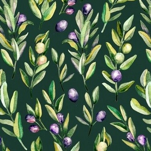 Scattered Olive Branches on Dark Green - Small