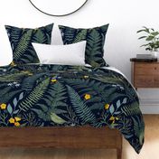 Large Hawaiian Ferns Flowers Amakihi Bird on Navy