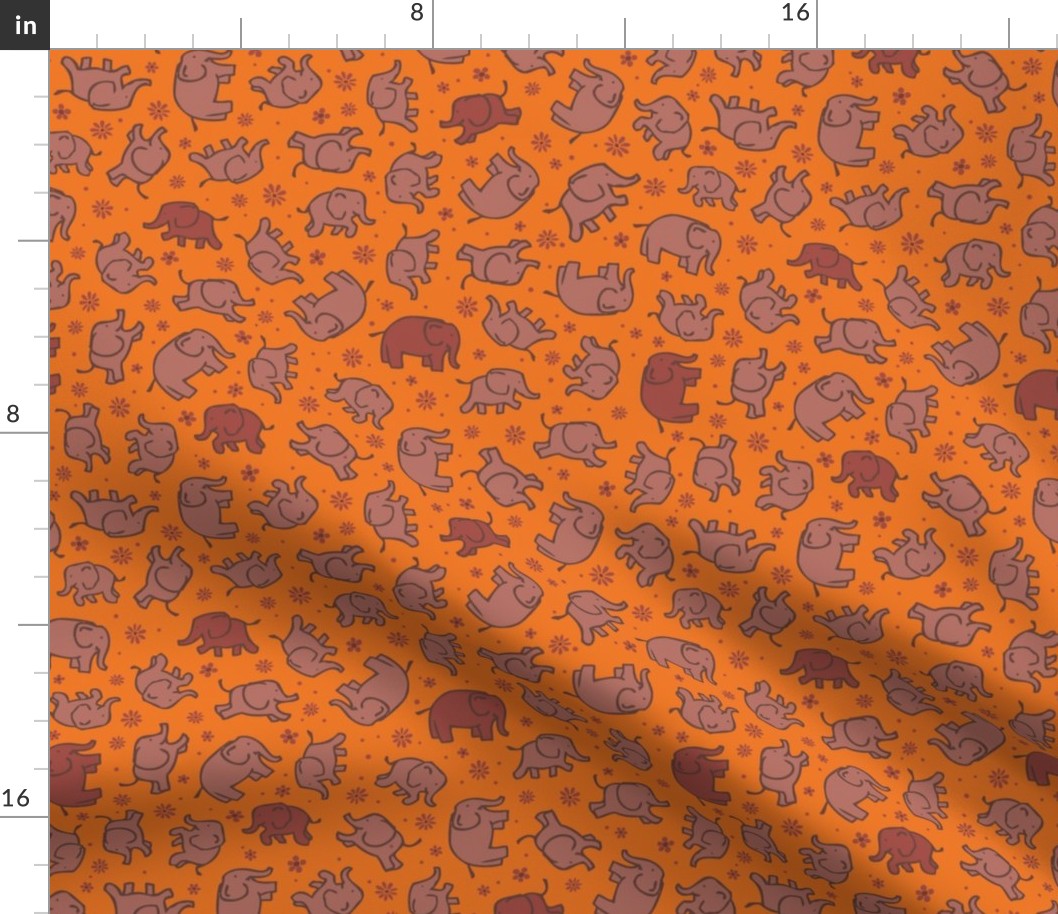 Elephants and Daisies - brown and terracotta on orange
