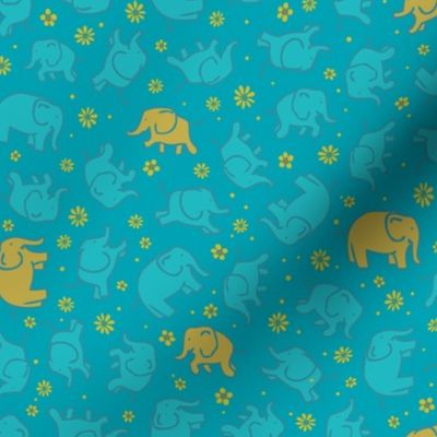 Elephants and Daisies - Mustard and aqua on turquoise